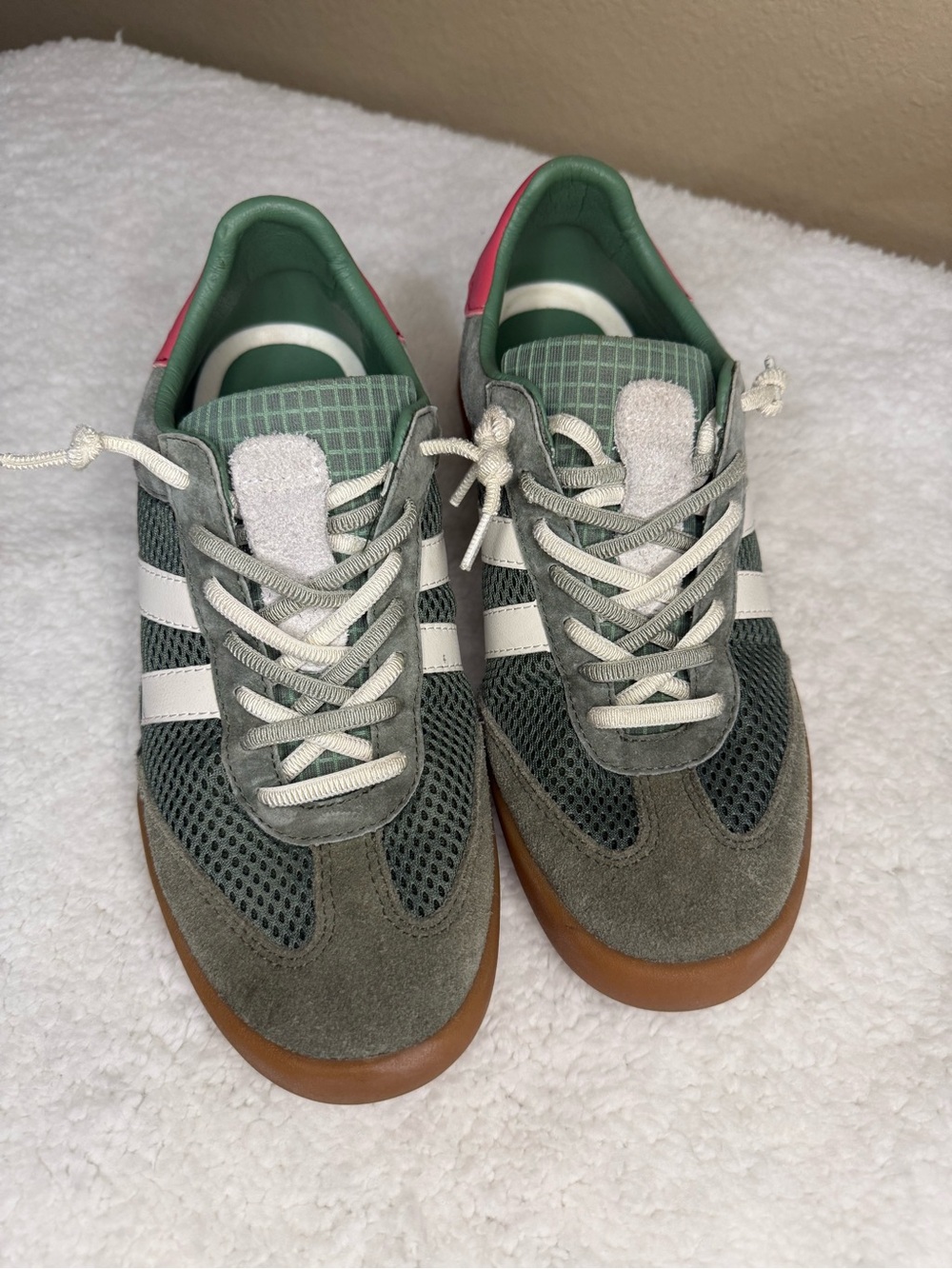 Steve Madden Green Suede & Mesh Sneakers with White Stripes and Gum Soles
